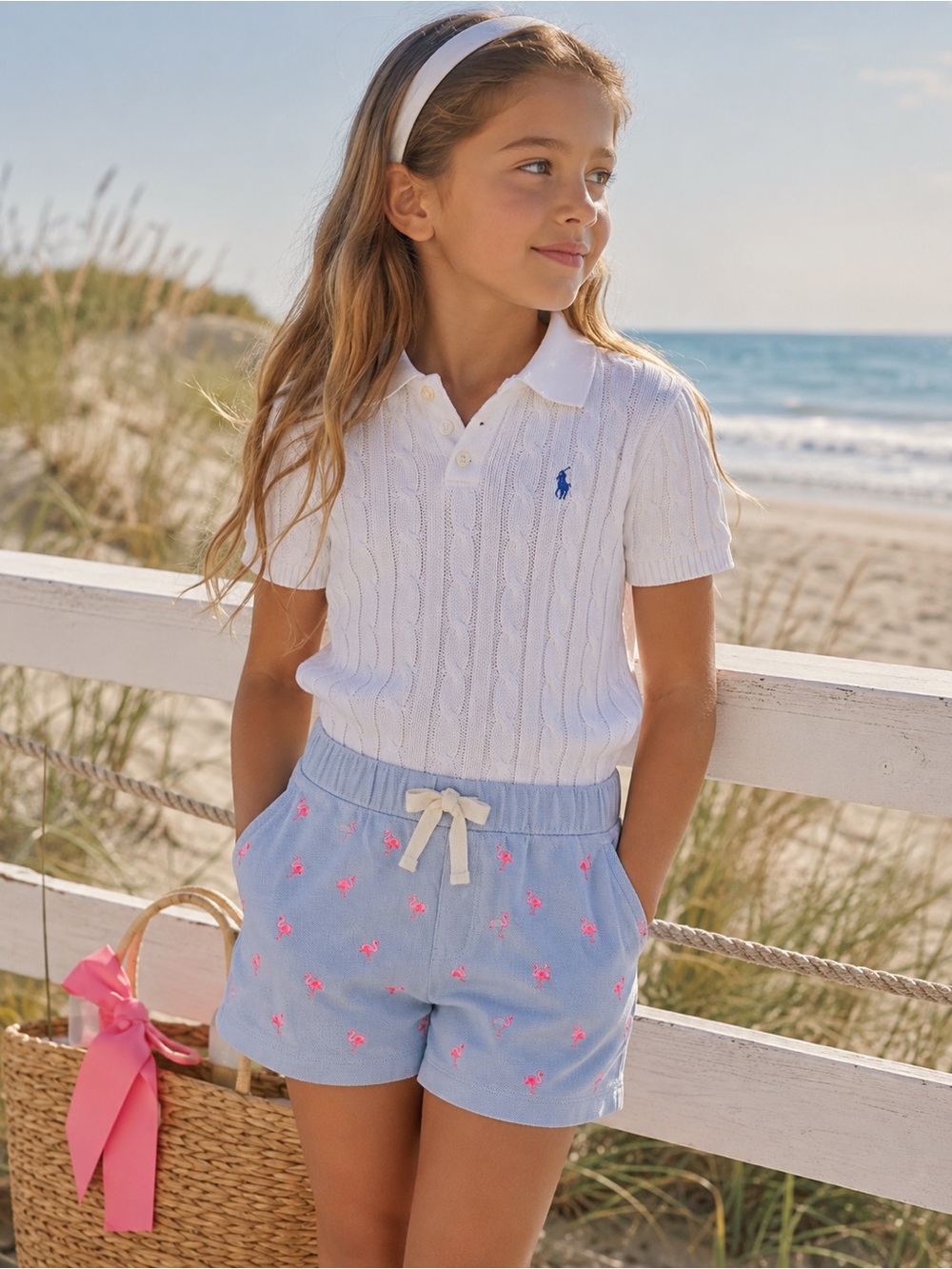 Polo Ralph Lauren Girls Flamingo Shorts Blue Preppy Luxe Drawstring Pockets 7